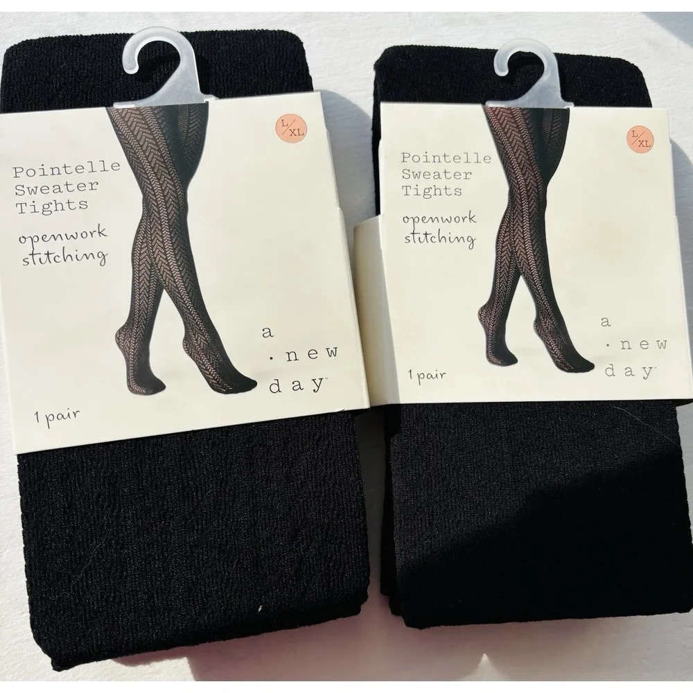 A New Day Pointelle Sweater Tights L/XL Black Openwork Stitching Set of 2 NWT